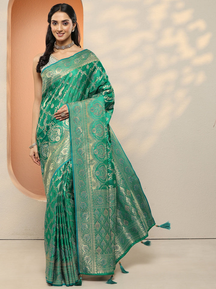 Green Woven Design Silk Blend Sarees With Unstitched Blouse Piece