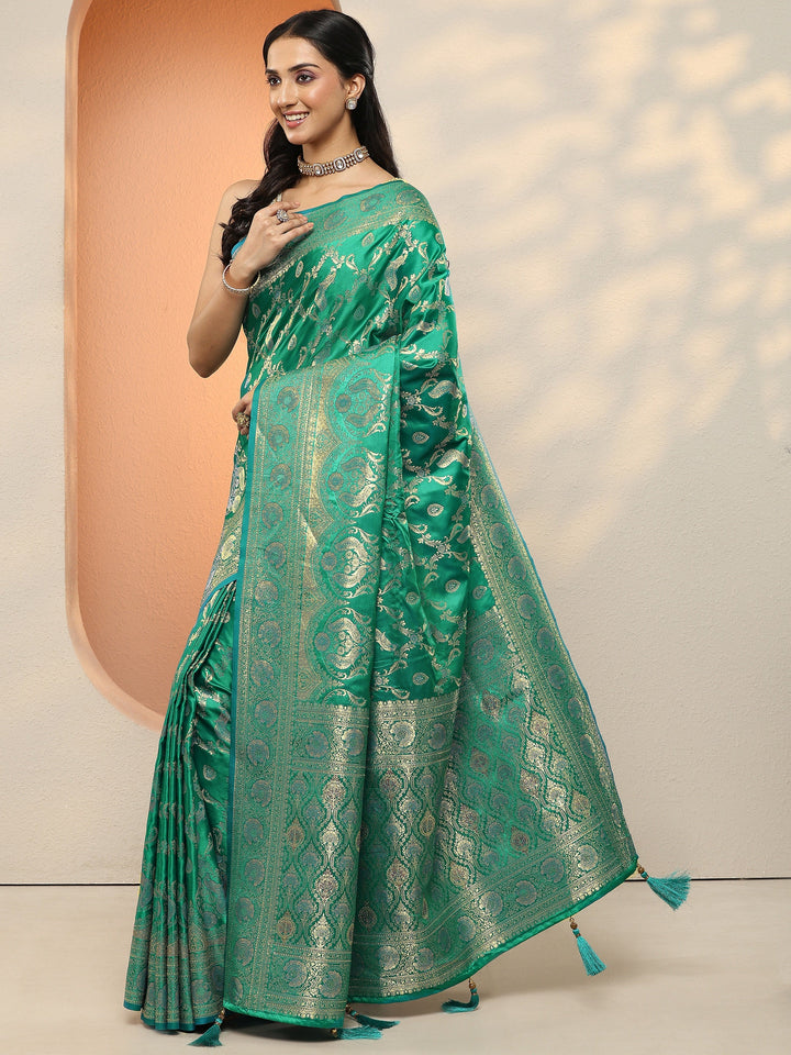 Green Woven Design Silk Blend Sarees With Unstitched Blouse Piece