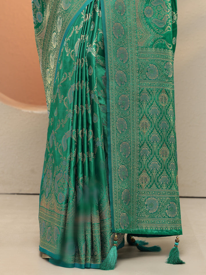 Green Woven Design Silk Blend Sarees With Unstitched Blouse Piece