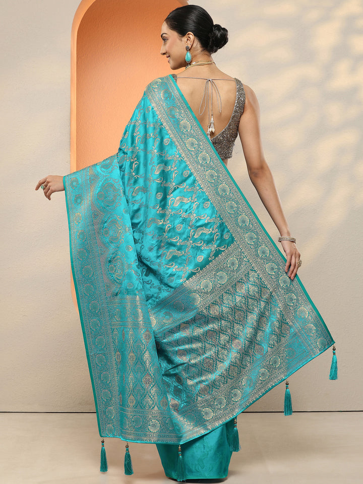 Blue Woven Design Silk Blend Sarees With Unstitched Blouse Piece