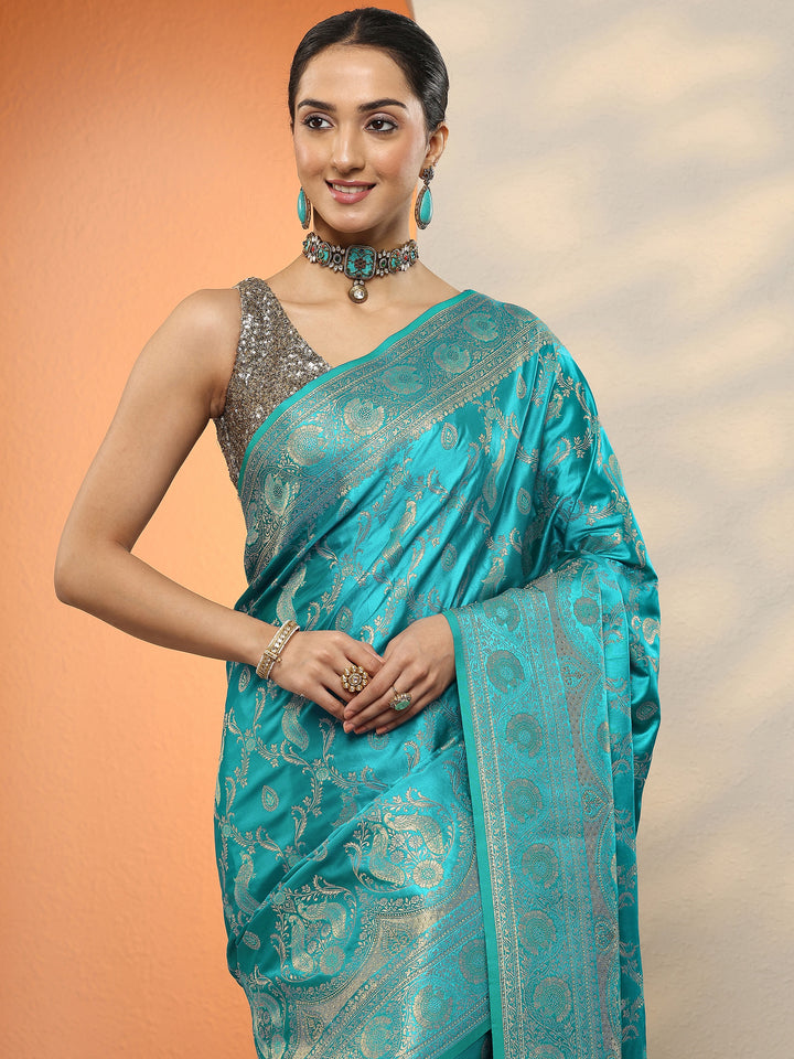 Blue Woven Design Silk Blend Sarees With Unstitched Blouse Piece