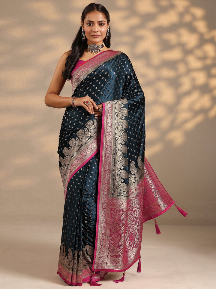 Teal Woven Design Silk Blend Saree With Unstitched Blouse Piece