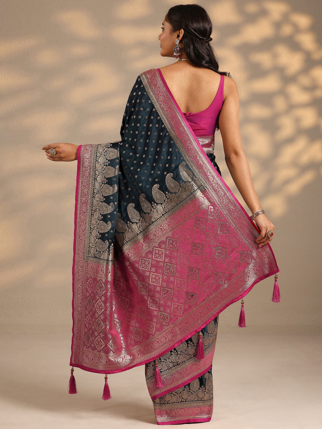 Teal Woven Design Silk Blend Saree With Unstitched Blouse Piece