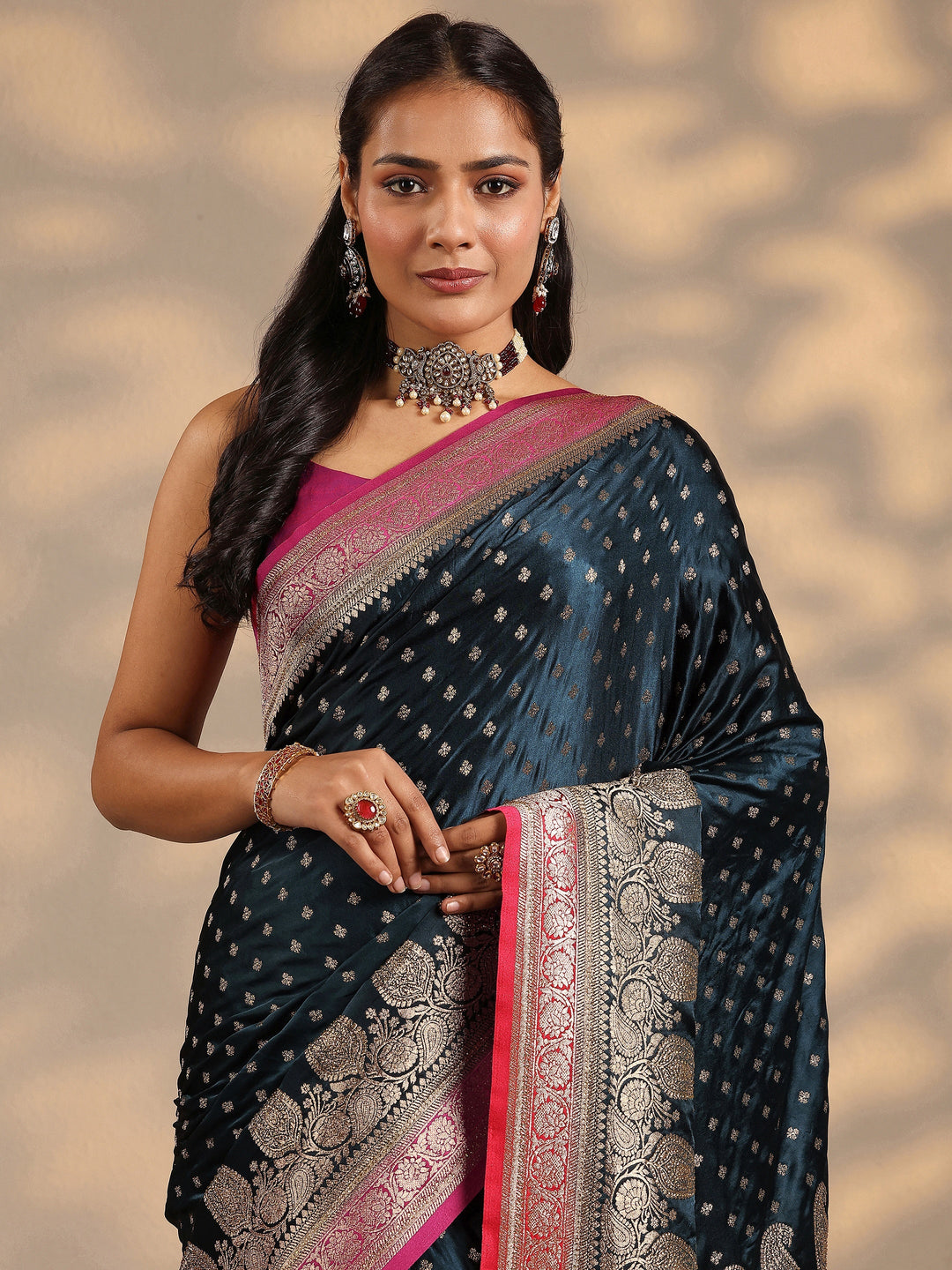 Teal Woven Design Silk Blend Saree With Unstitched Blouse Piece
