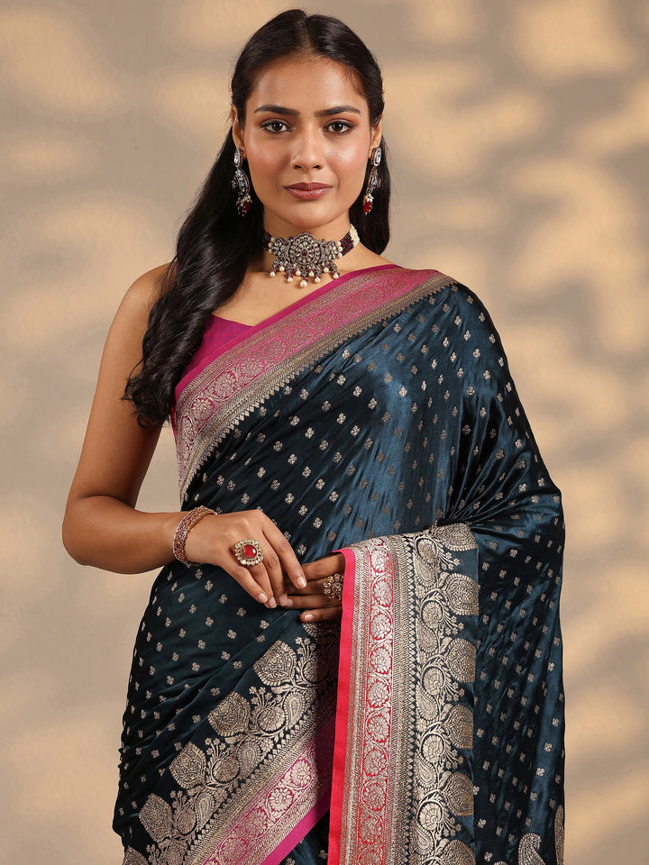 Teal Woven Design Silk Blend Saree With Unstitched Blouse Piece