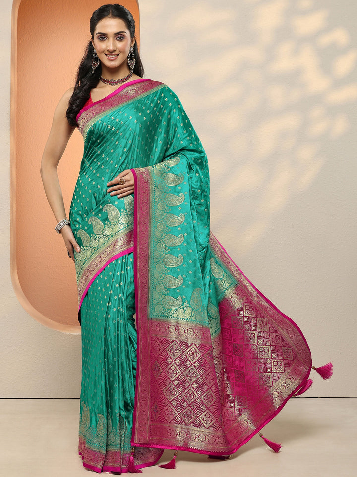 Green Paisley Woven Design Sarees With Unstitched Blouse Piece