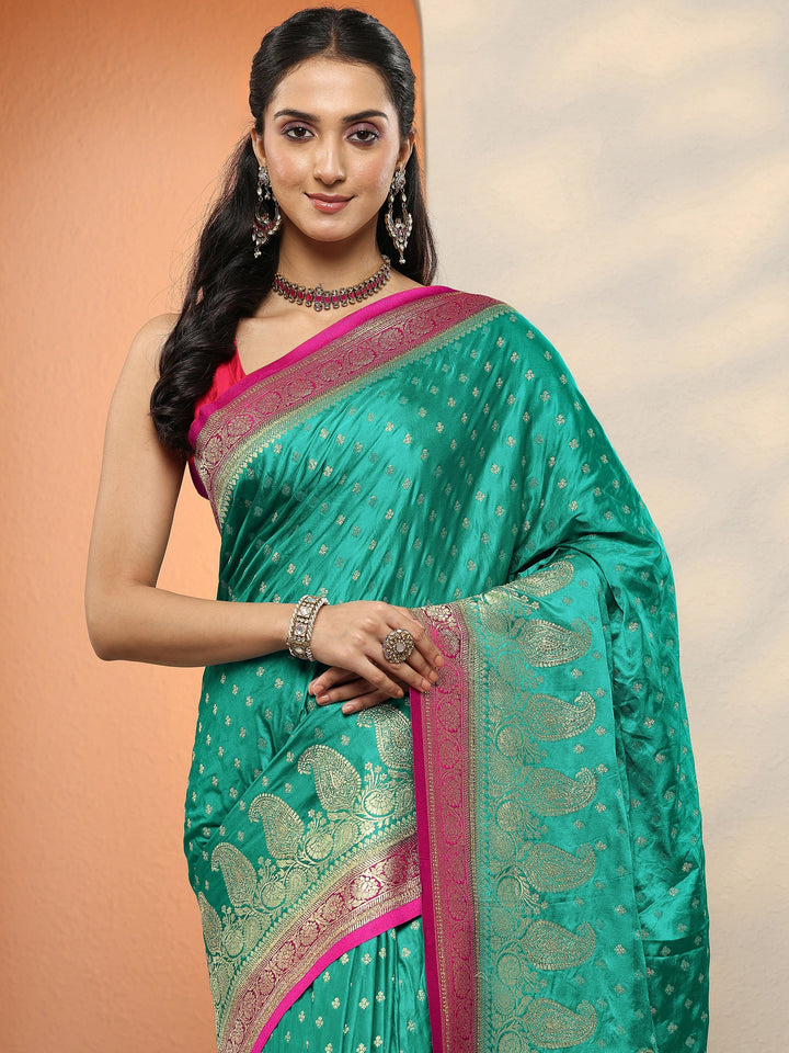 Green Paisley Woven Design Sarees With Unstitched Blouse Piece