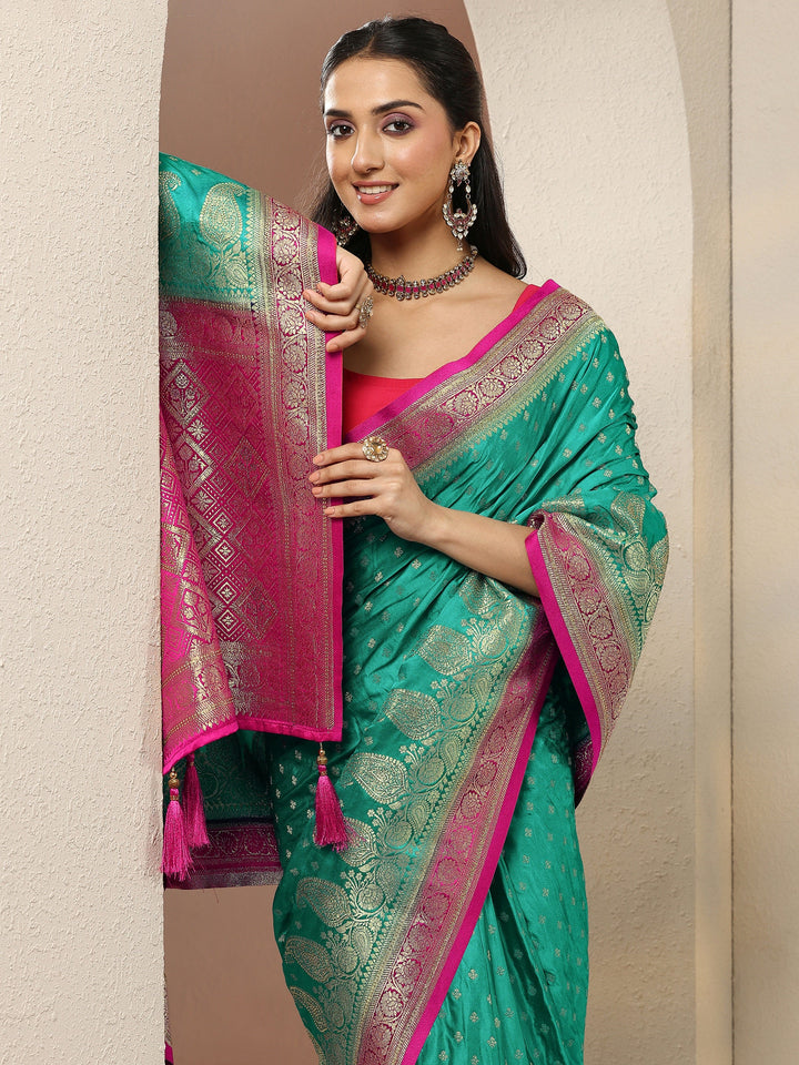 Green Paisley Woven Design Sarees With Unstitched Blouse Piece