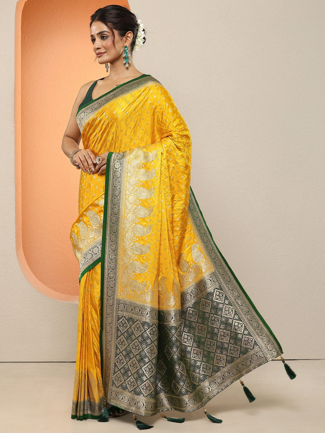 Mustard Paisley Woven Design Sarees With Unstitched Blouse Piece