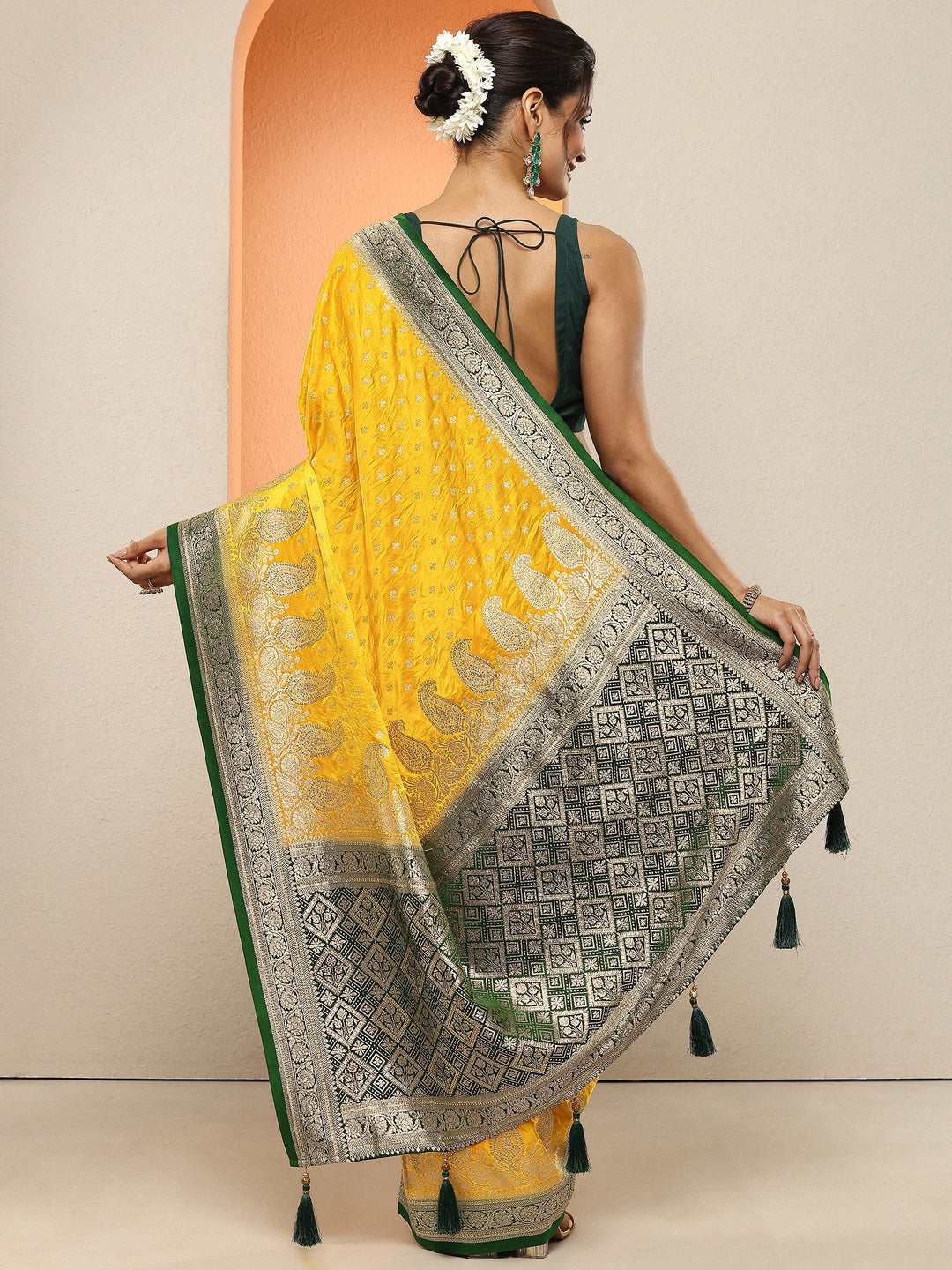 Mustard Paisley Woven Design Sarees With Unstitched Blouse Piece