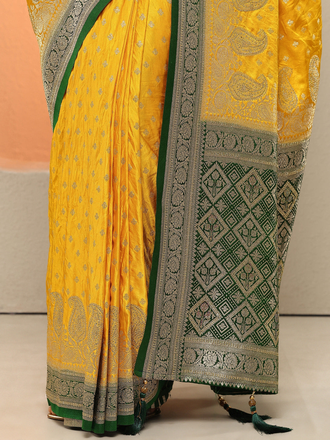 Mustard Paisley Woven Design Sarees With Unstitched Blouse Piece