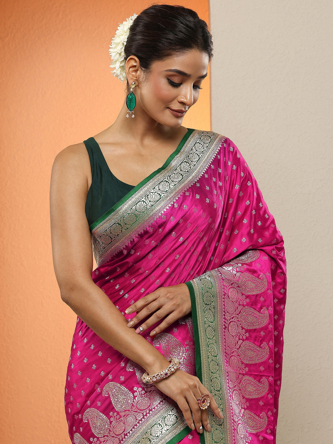 Pink Paisley Woven Design Sarees With Unstitched Blouse Piece