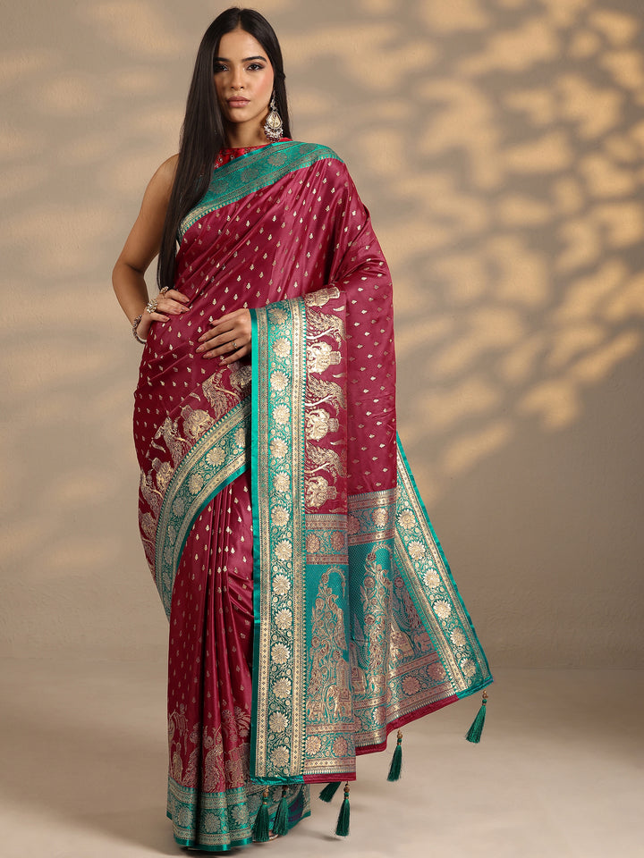 Maroon Woven Design Silk Blend Banarasi Saree With Unstitched Blouse Piece