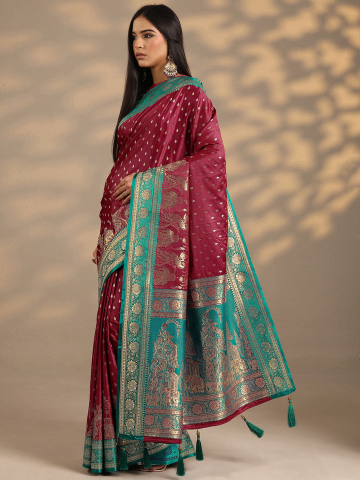 Maroon Woven Design Silk Blend Banarasi Saree With Unstitched Blouse Piece
