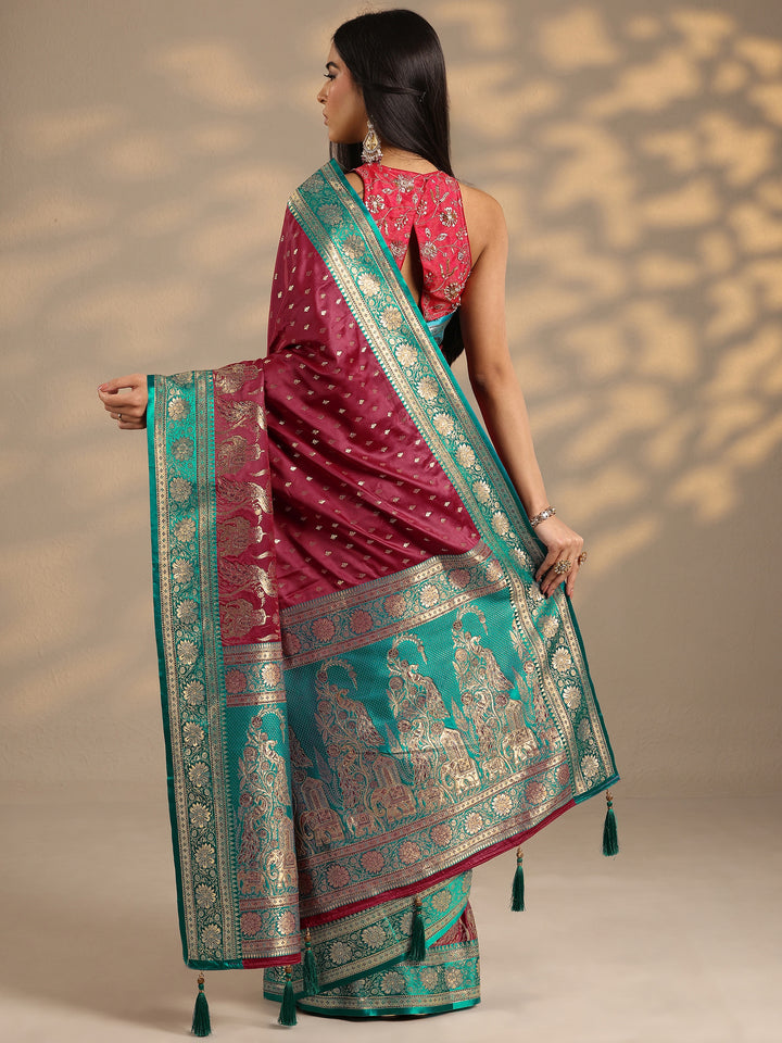 Maroon Woven Design Silk Blend Banarasi Saree With Unstitched Blouse Piece