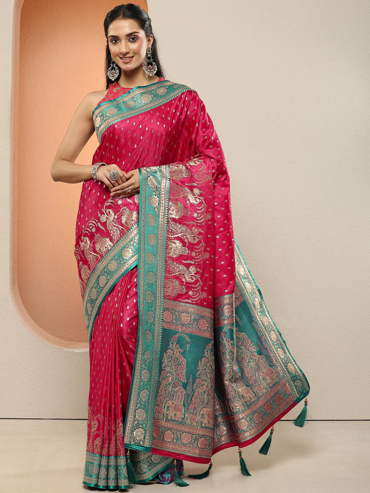 Red Woven Design Silk Blend Sarees With Unstitched Blouse Piece