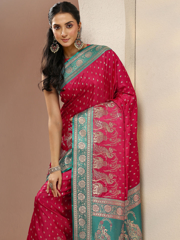 Red Woven Design Silk Blend Sarees With Unstitched Blouse Piece