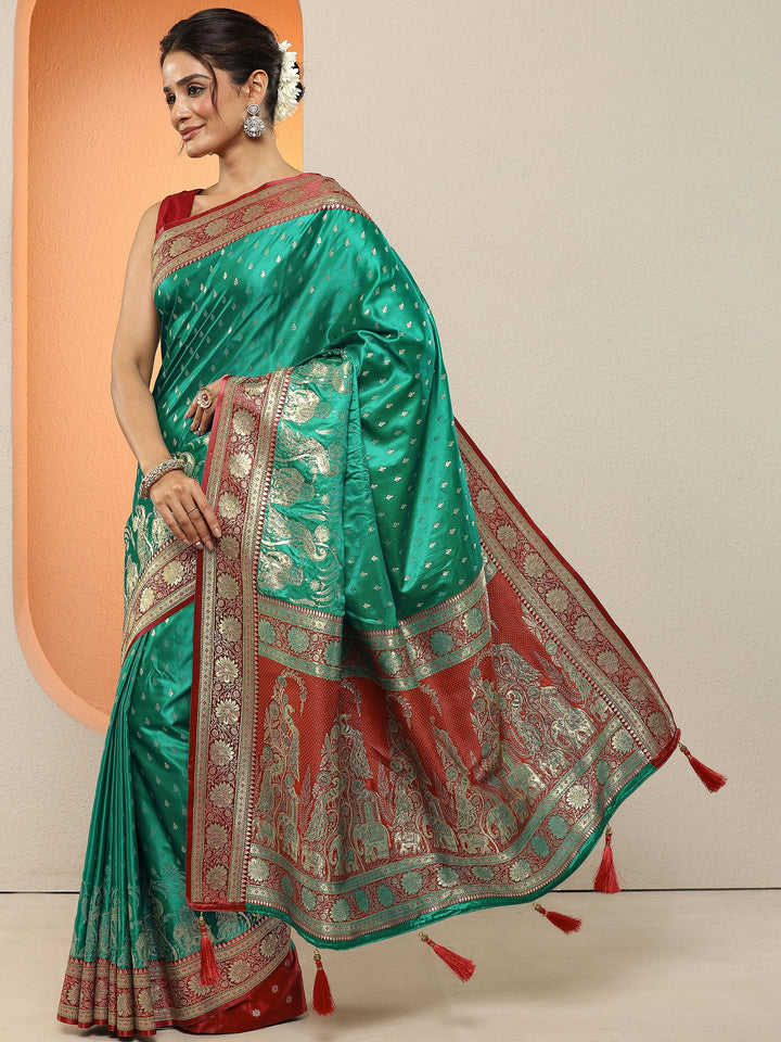 Green Woven Design Silk Blend Sarees With Unstitched Blouse Piece