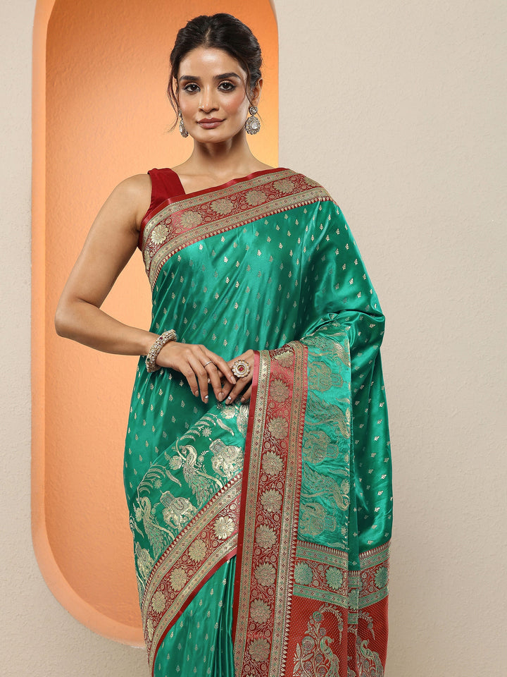 Green Woven Design Silk Blend Sarees With Unstitched Blouse Piece