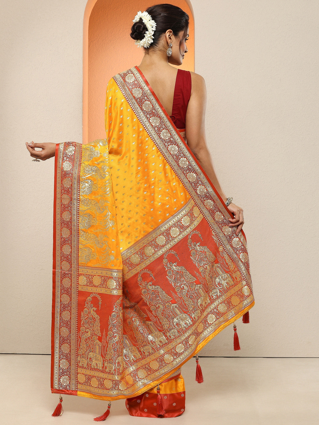 Mustard Woven Design Silk Blend Sarees With Unstitched Blouse Piece