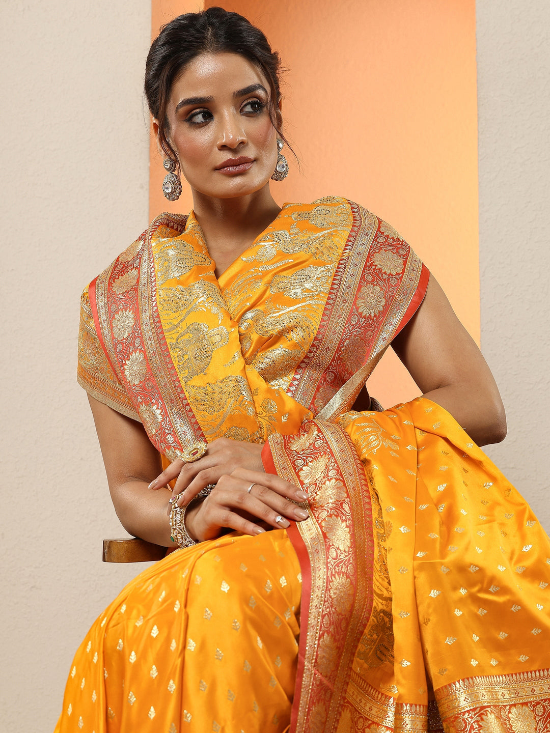Mustard Woven Design Silk Blend Sarees With Unstitched Blouse Piece