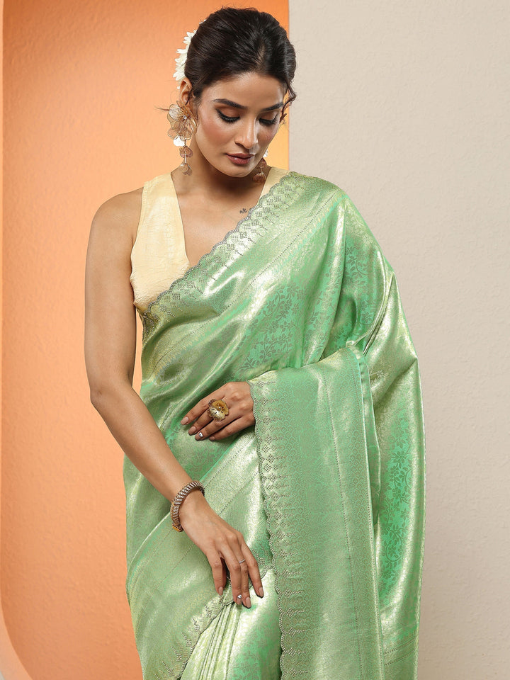 Green Woven Design Silk Blend Sarees With Unstitched Blouse Piece
