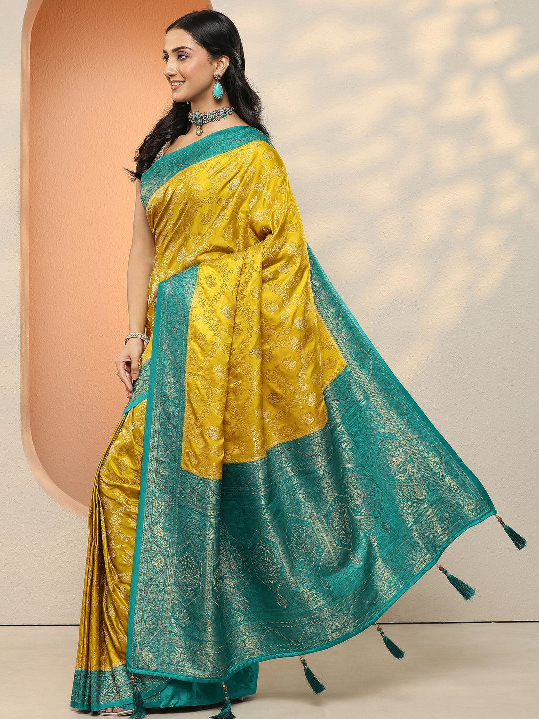 Lime Green Woven Design Silk Blend Sarees With Unstitched Blouse Piece