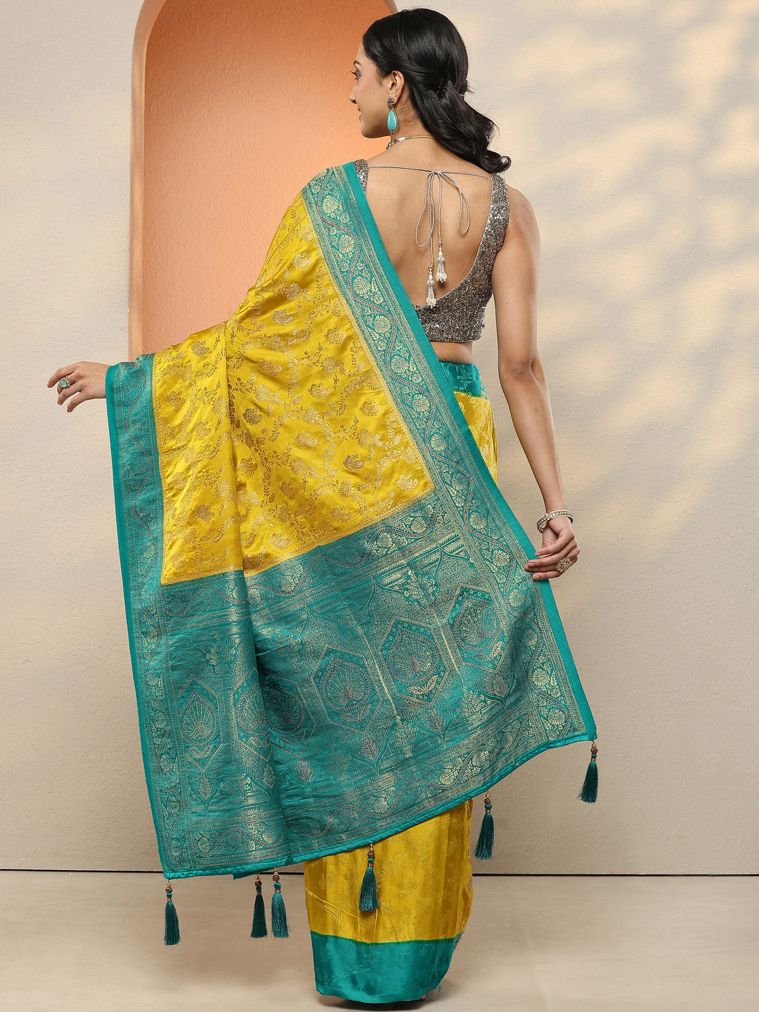 Lime Green Woven Design Silk Blend Sarees With Unstitched Blouse Piece