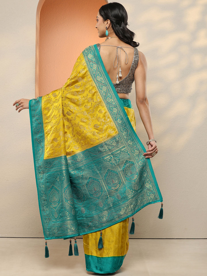 Lime Green Woven Design Silk Blend Sarees With Unstitched Blouse Piece