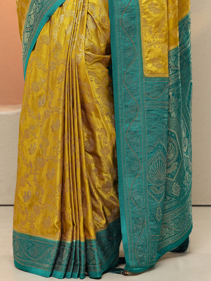 Lime Green Woven Design Silk Blend Sarees With Unstitched Blouse Piece