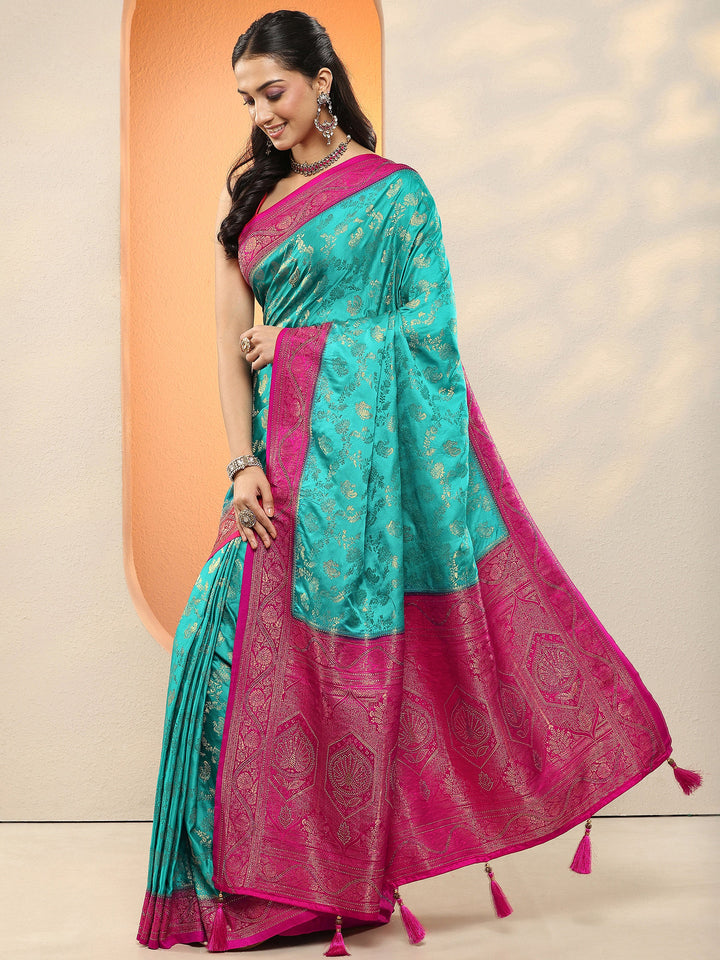 Green Woven Design Silk Blend Sarees With Unstitched Blouse Piece