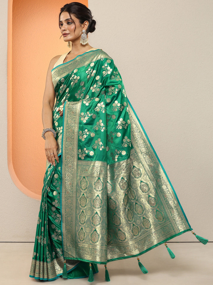 Green Woven Design Silk Blend Sarees With Unstitched Blouse Piece