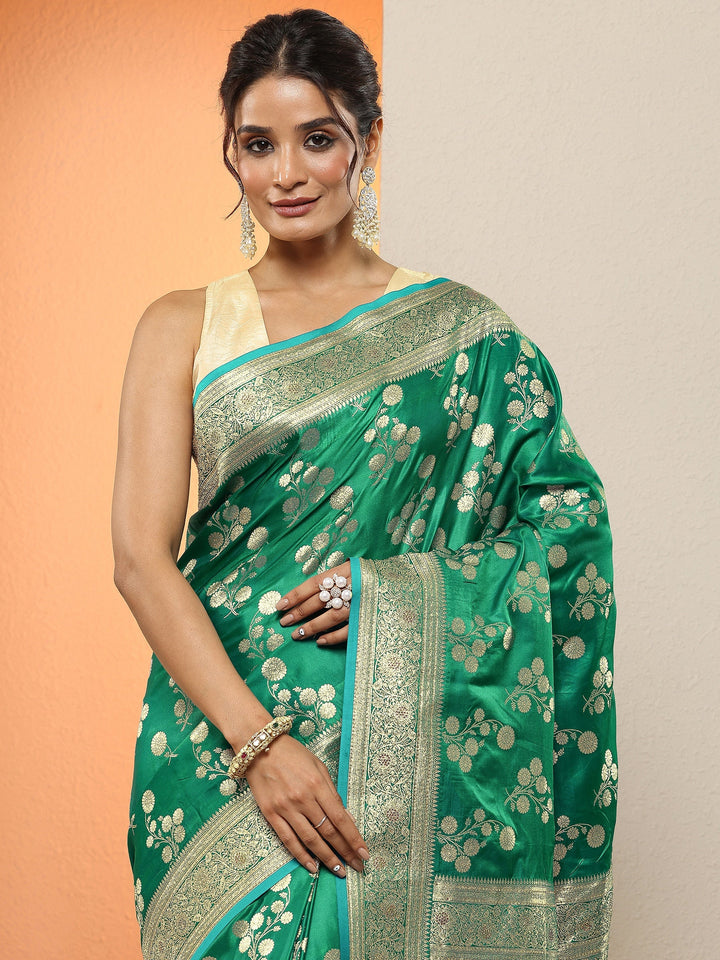 Green Woven Design Silk Blend Sarees With Unstitched Blouse Piece