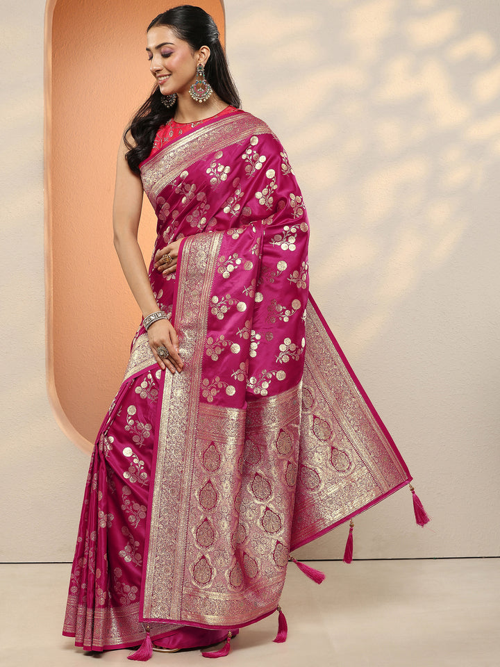Pink Woven Design Silk Blend Sarees With Unstitched Blouse Piece