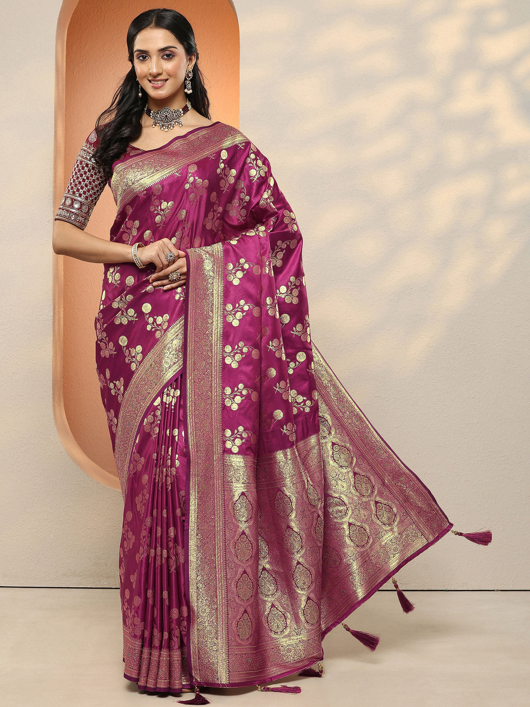 Burgundy Woven Design Silk Blend Sarees With Unstitched Blouse Piece