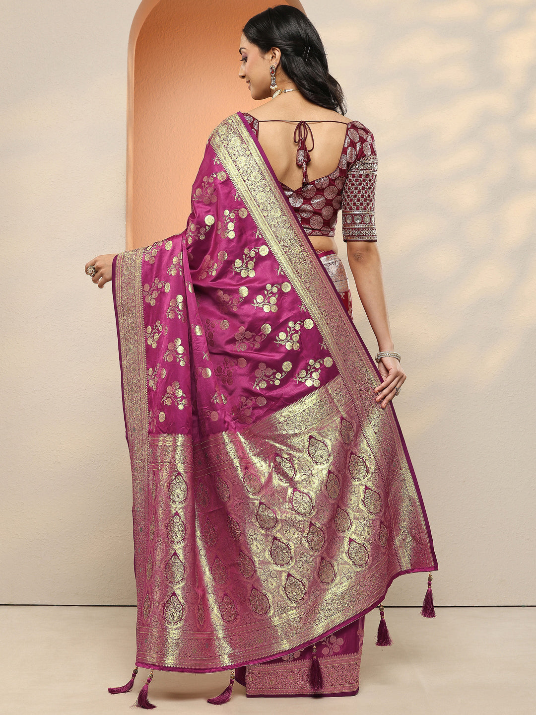 Burgundy Woven Design Silk Blend Sarees With Unstitched Blouse Piece