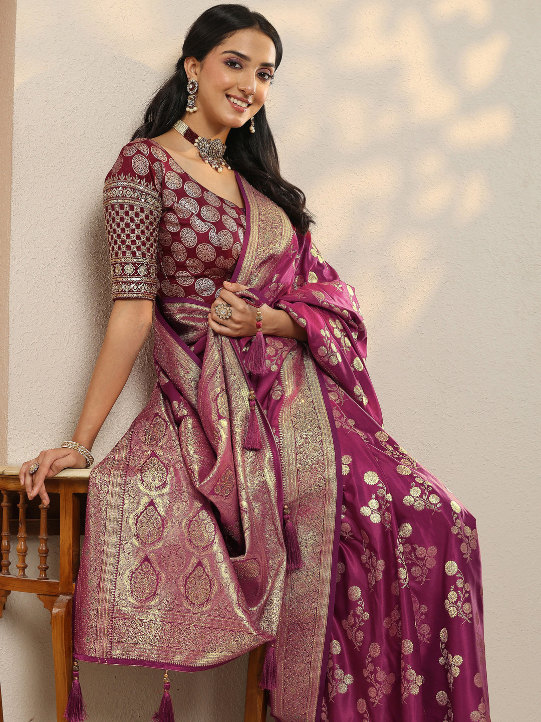 Burgundy Woven Design Silk Blend Sarees With Unstitched Blouse Piece