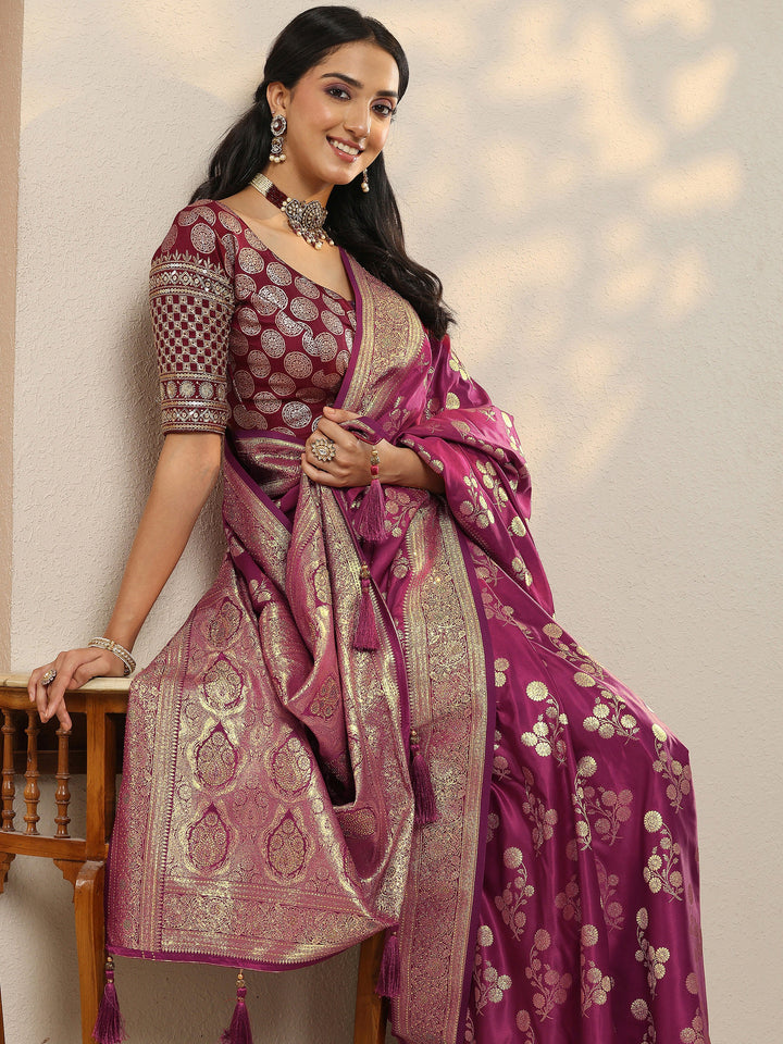 Burgundy Woven Design Silk Blend Sarees With Unstitched Blouse Piece