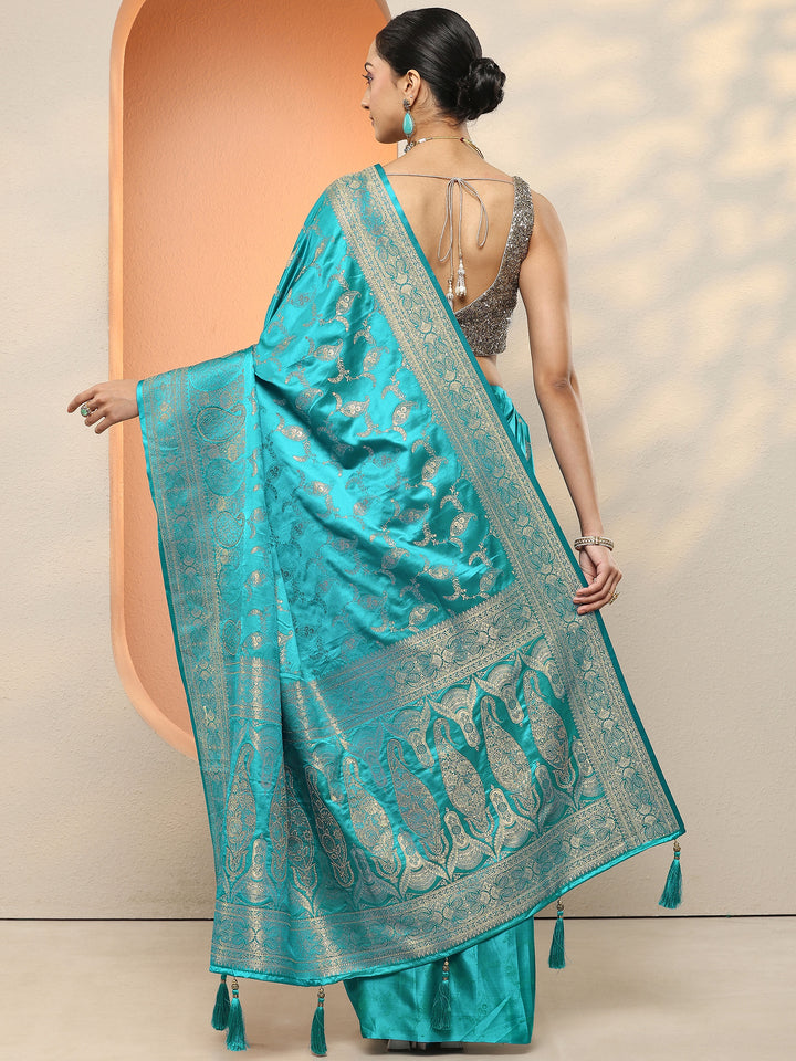Blue Woven Design Silk Blend Sarees With Unstitched Blouse Piece