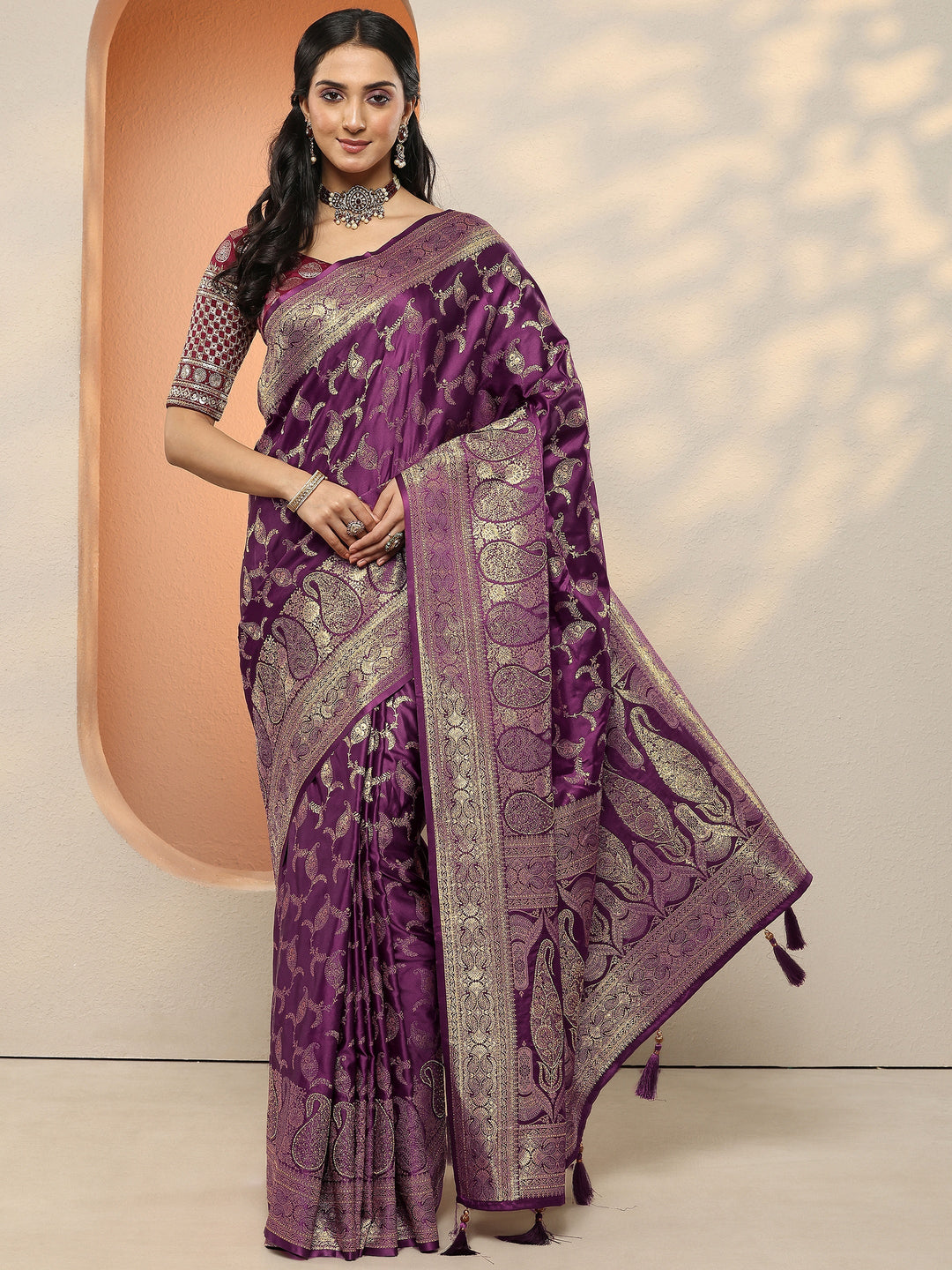 Burgundy Woven Design Silk Blend Sarees With Unstitched Blouse Piece