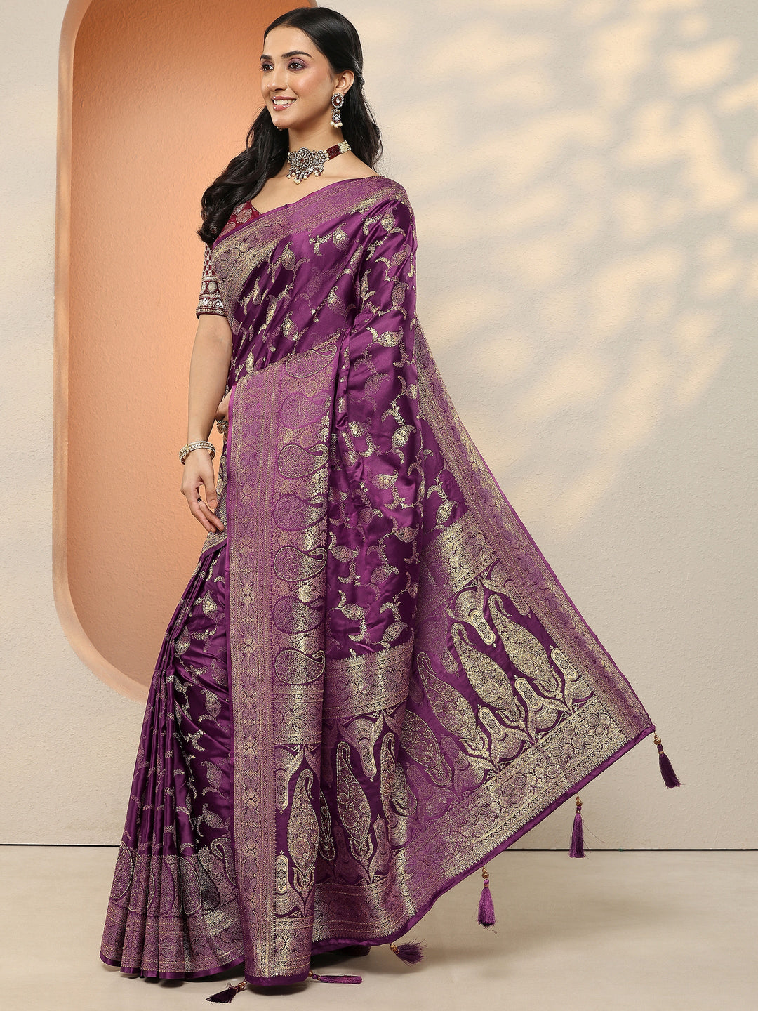 Burgundy Woven Design Silk Blend Sarees With Unstitched Blouse Piece