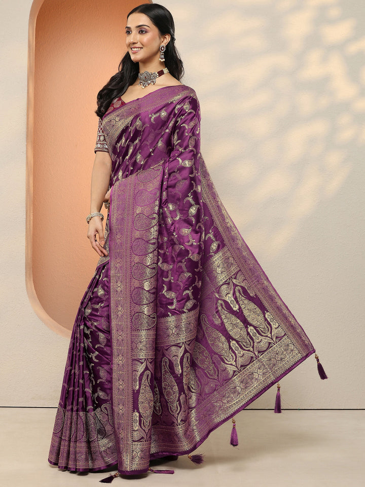 Burgundy Woven Design Silk Blend Sarees With Unstitched Blouse Piece