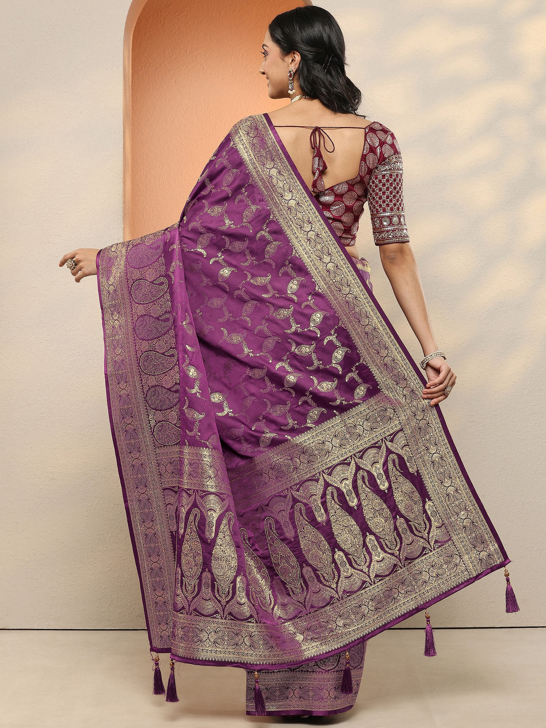 Burgundy Woven Design Silk Blend Sarees With Unstitched Blouse Piece