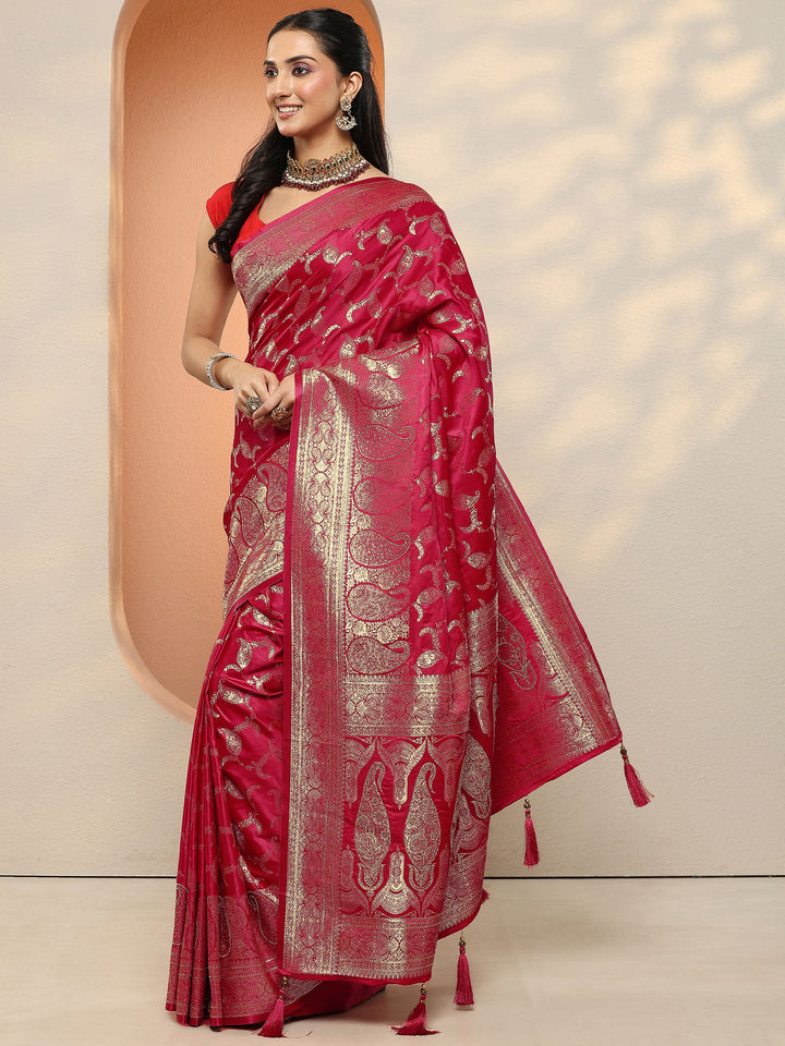 Red Woven Design Silk Blend Sarees With Unstitched Blouse Piece