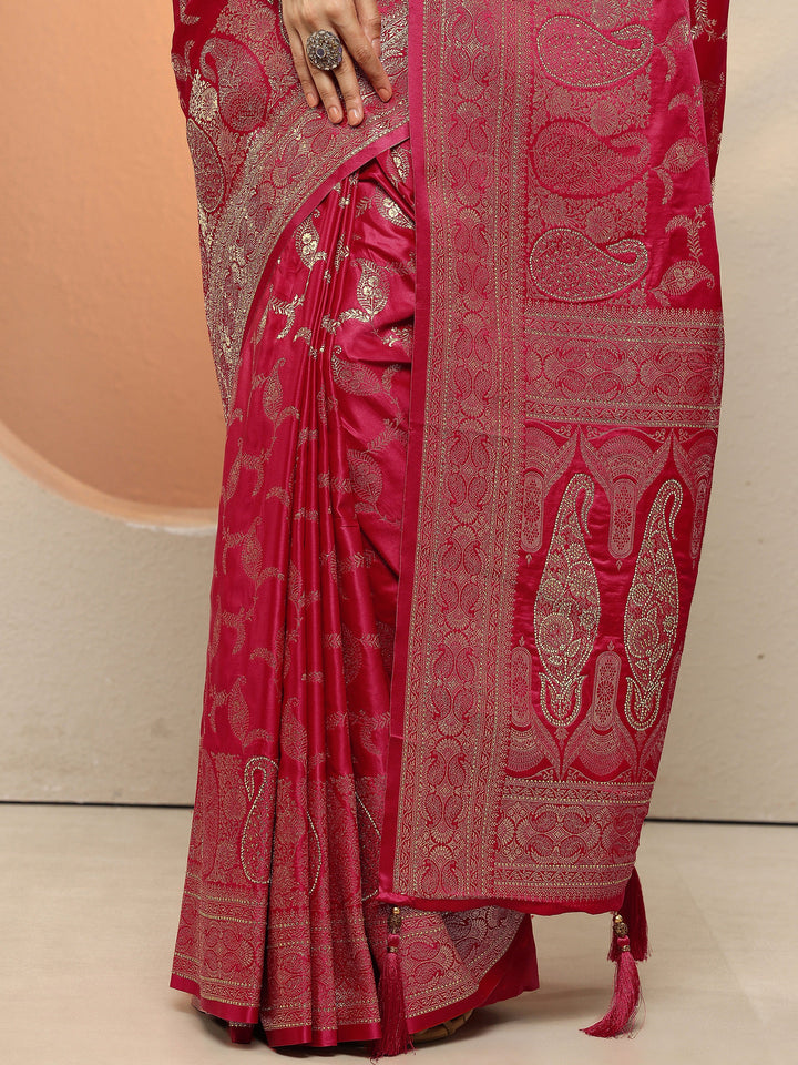 Red Woven Design Silk Blend Sarees With Unstitched Blouse Piece