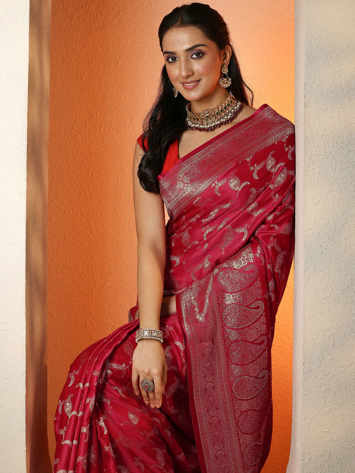 Red Woven Design Silk Blend Sarees With Unstitched Blouse Piece
