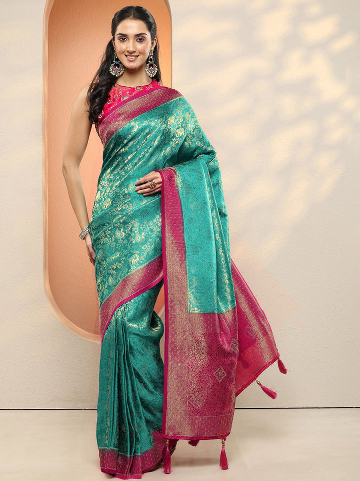 Green Woven Design Silk Blend Sarees With Unstitched Blouse Piece