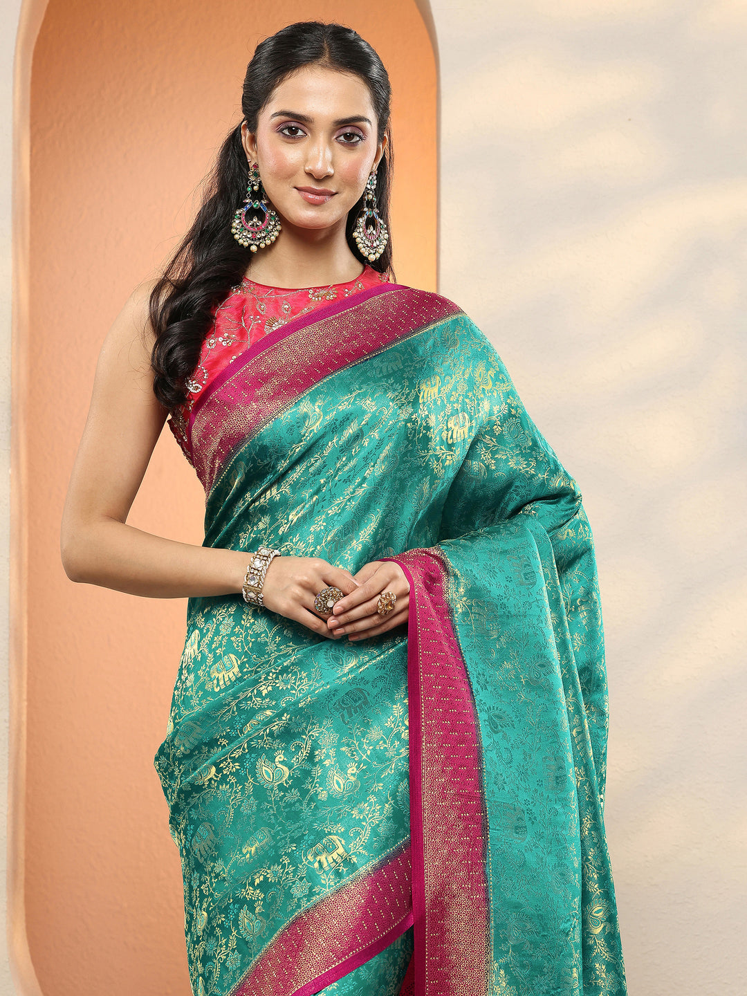 Green Woven Design Silk Blend Sarees With Unstitched Blouse Piece