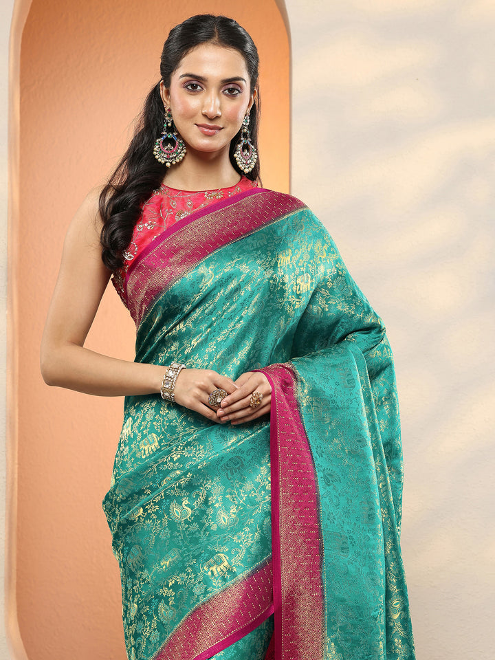 Green Woven Design Silk Blend Sarees With Unstitched Blouse Piece