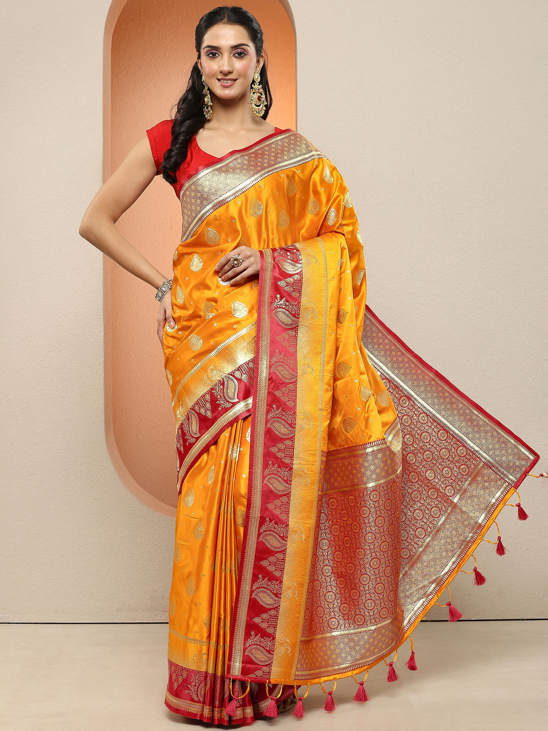 Mustard Woven Design Silk Blend Sarees With Unstitched Blouse Piece